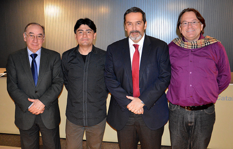 D’esquerra a dreta: Roman Galimany, president de l’Associació d’Amics de la Música de Valls; Moisès Bertran, compositor; Carlos Manuel Pulido, cònsol de Colòmbia a Barcelona; i Mac McClure, director del Conservatori de Música de la Universitat Nacional de Colòmbia