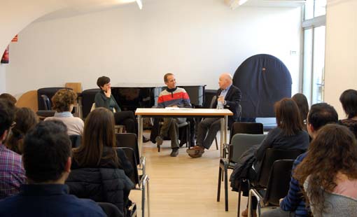 Un moment de la trobada amb Alba Ventura, Santi Riu i Albert Guinovart. © www.conservatoris.cat/associacio-de-consevatoris-de-catalunya